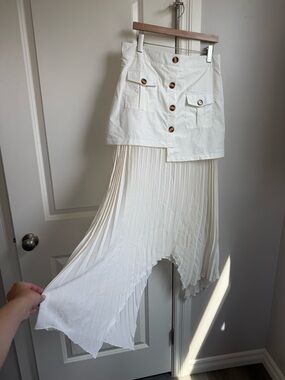 White Asymmetric Pleated Midi Skirt with Button Front